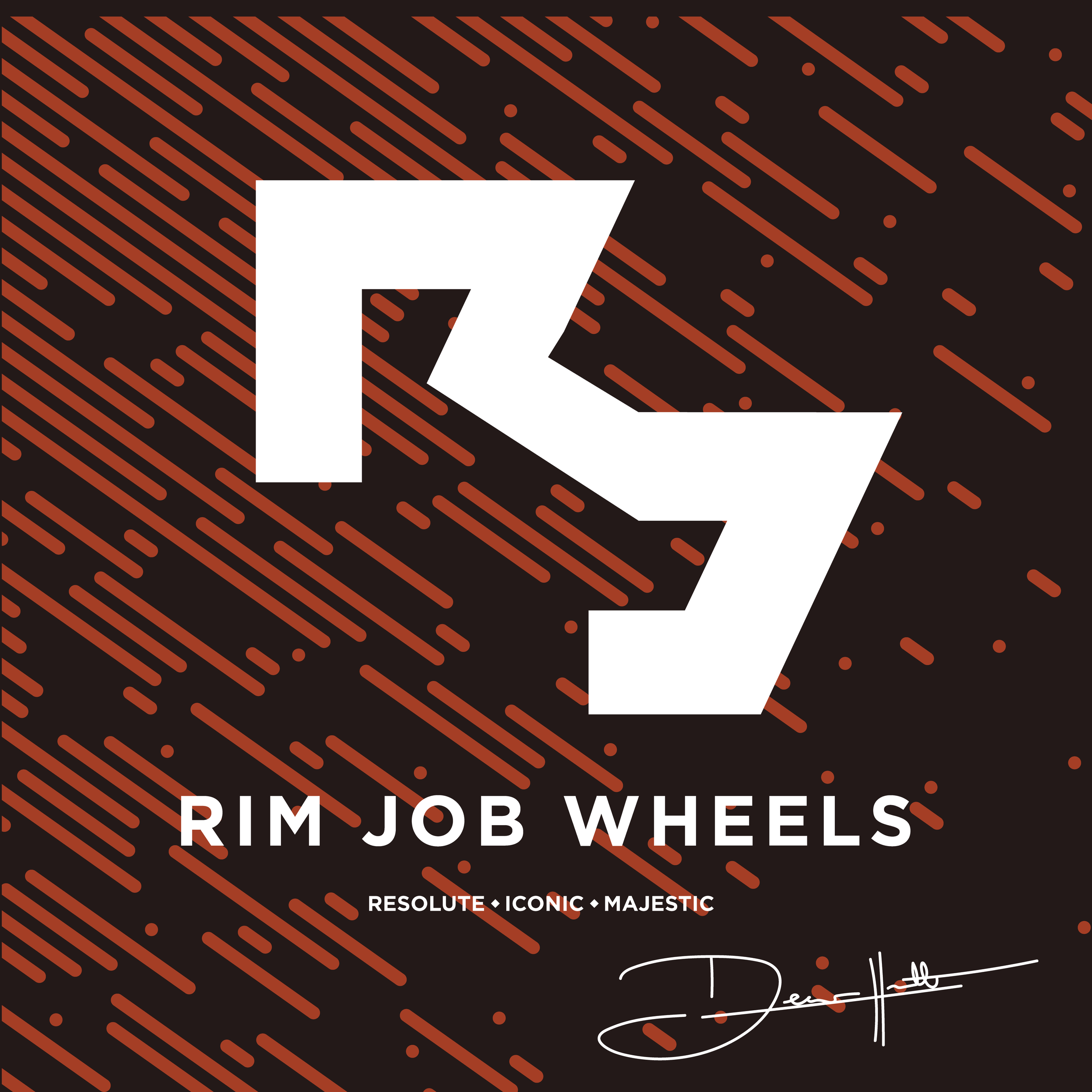 A graphic design featuring a large white letter 'K' on a black background with red diagonal lines and dots. Text below reads 'RIM JOB WHEELS' with smaller words 'RESOLUTE ICONIC MAJESTIC' underneath and a signature at the bottom.