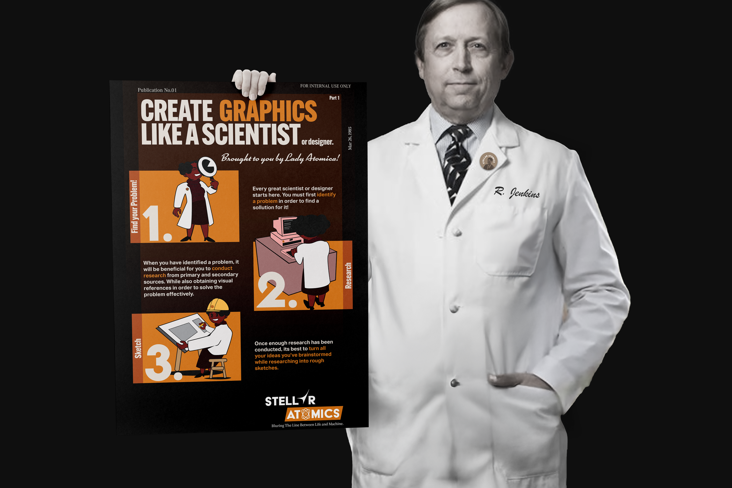 A man in a white lab coat with a name tag 'R. Jenkins' stands next to a poster titled 'Create Graphics Like a Scientist or Designer' with steps for problem-solving and research, featuring cartoon illustrations of scientists.