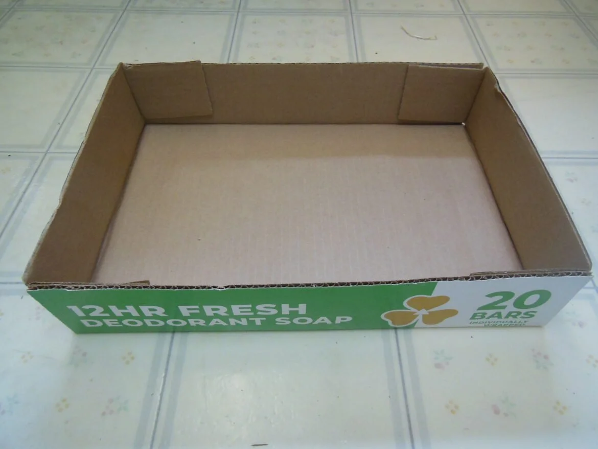 Empty cardboard box with green and white label for 12-hour fresh deodorant soap, contains 20 bars.