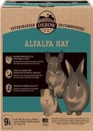 Packaging for Oxbow Alfalfa Hay for small pets, featuring images of three rabbits.