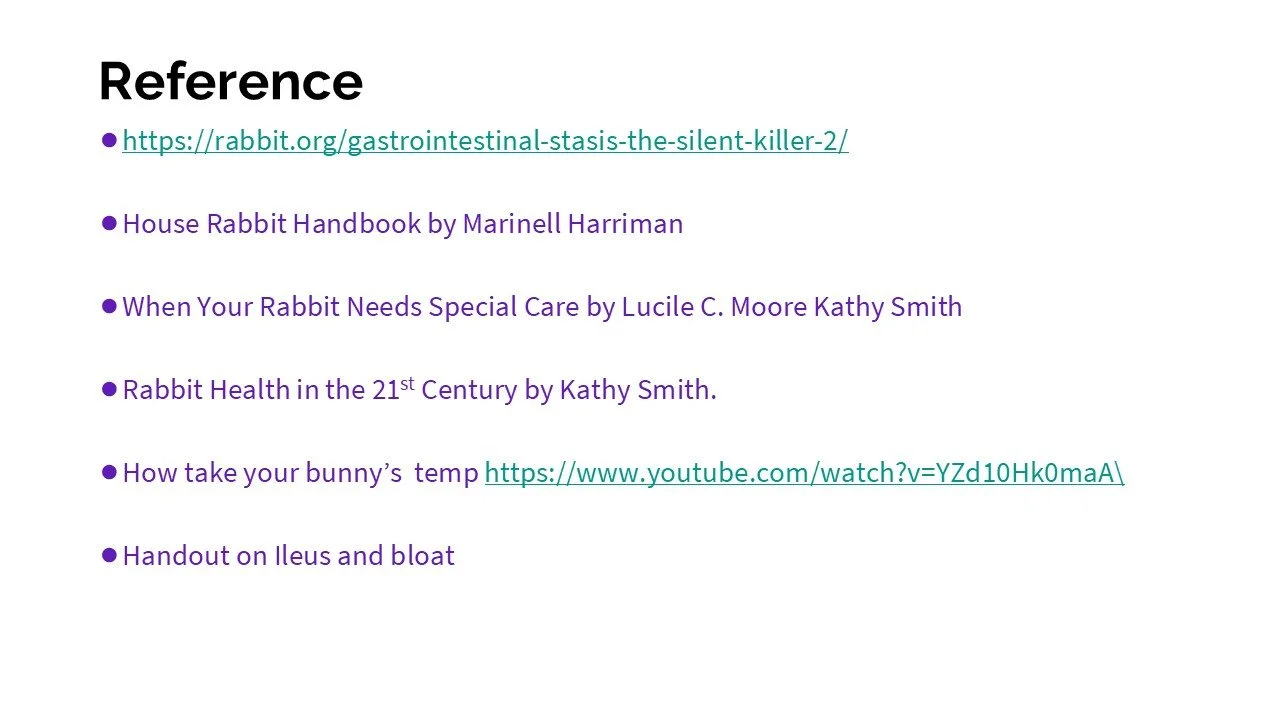 Screenshot of references list, including URLs and book titles related to rabbits and rabbit care.