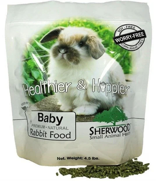 Bag of Sherwood brand baby rabbit food with an image of a fluffy bunny and green background, labeled as healthier and hoppier, weighing 4.5 pounds.