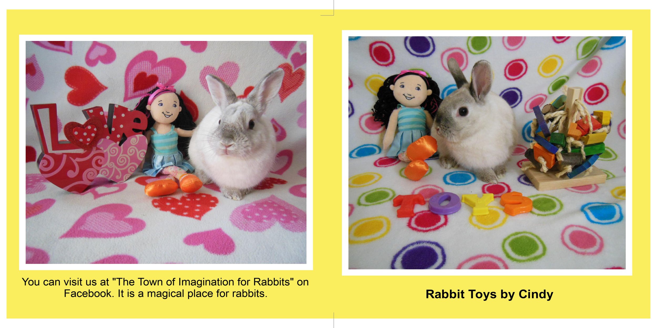Two photos of a small white rabbit with gray markings, surrounded by rabbit toys and a doll, taken on a colorful polka dot blanket. The left photo shows the rabbit with a plush doll and a pink love-themed sign, with hearts in the background. The righ