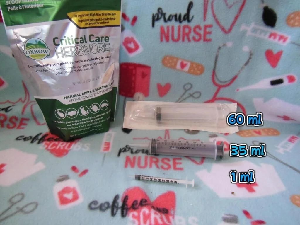 A bag of Oxbow Critical Care Herbivore formula, a syringe filled with liquid, a small vial, and a small syringe, all placed on a cloth with nurse-themed print and text.