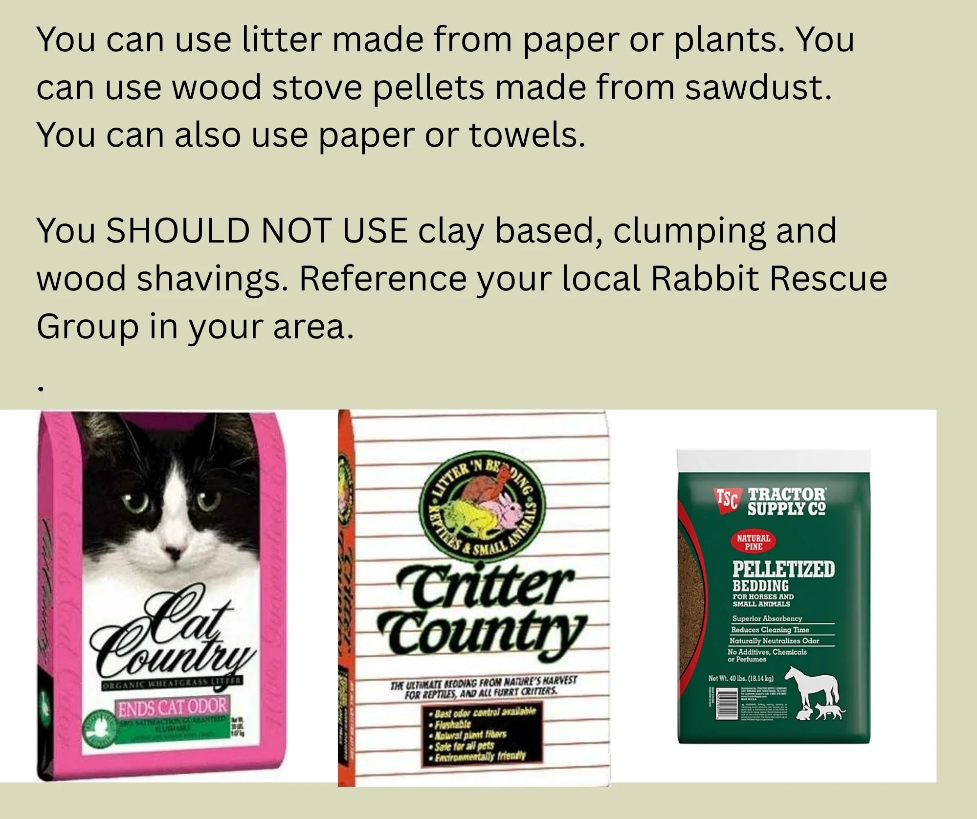 Instructional text about making animal litter from paper, plants, or sawdust, warning against using clay, and showing three different types of animal bedding products: Cat Country organic wheatgrass litter, Critter Country bedding, and Tractor Supply