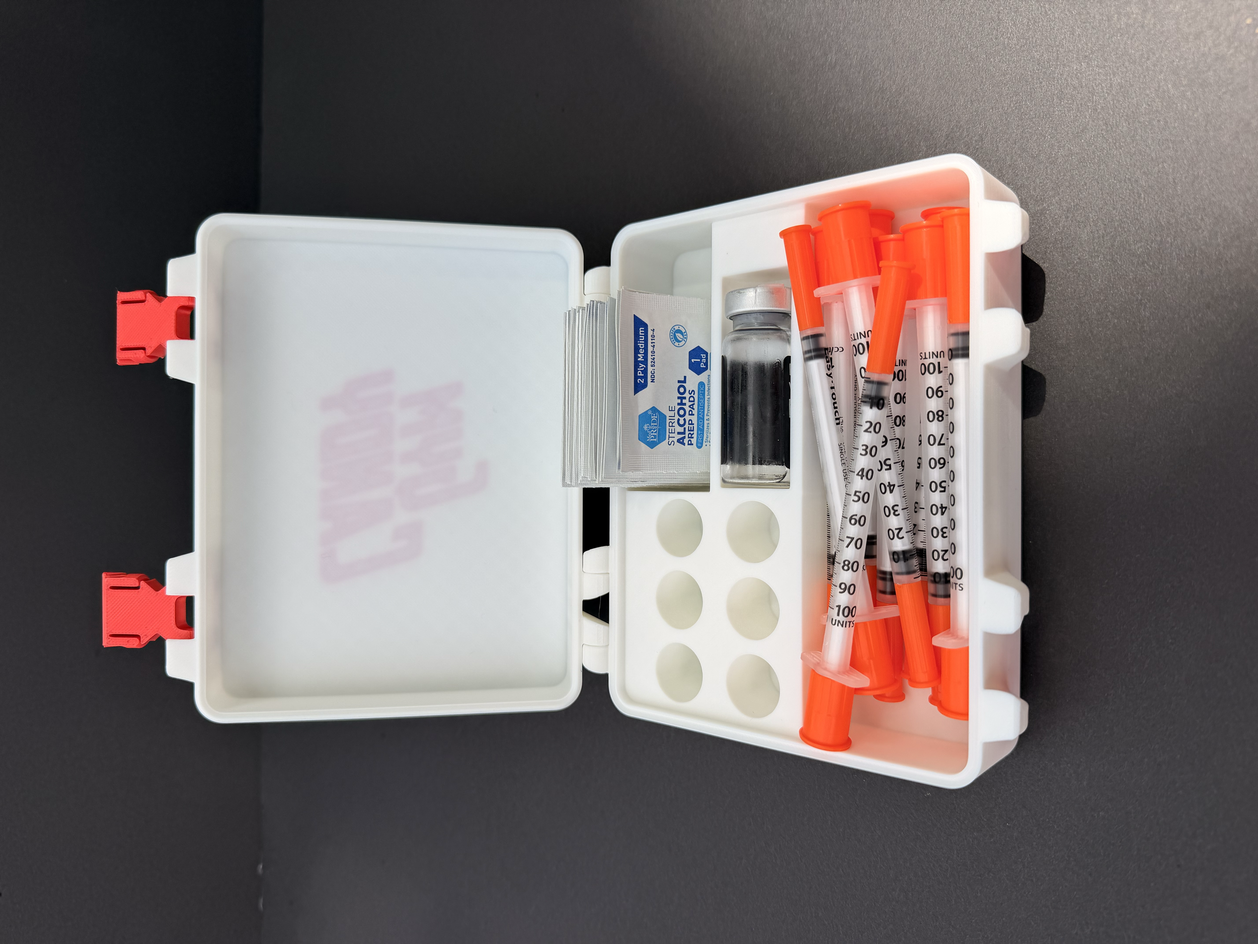 The 3mL storage case holds (6) 3mL vials and (1) 10mL vial. 