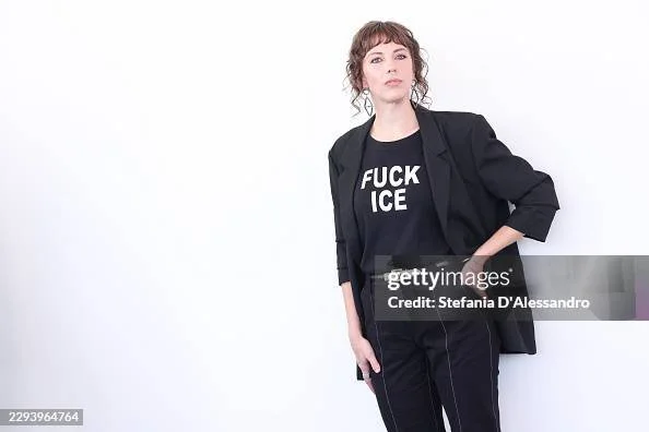 Rachel Lauren Mueller at the They’re Here Venice photocall in the øther Rez trousers