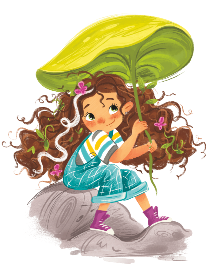 A girl with curly brown hair holding a large green leaf as an umbrella, sitting on a log, surrounded by small pink flowers and green vines.
