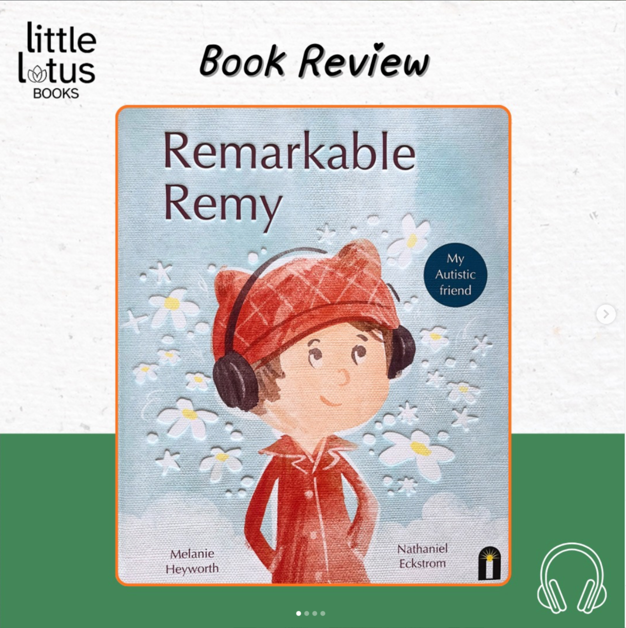 Cover of a children's book titled 'Remarkable Remy' with an illustration of a young person wearing a red hat, red coat, and headphones, surrounded by white flowers and a blue background. The book is part of a review series by Little Lotus Books.