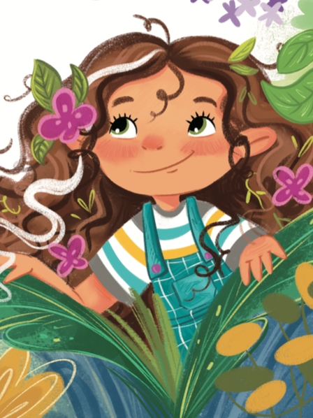 A cheerful young girl with long, curly brown hair adorned with purple flowers and green leaves, standing outdoors near a pond with yellow lily pads and green plants.