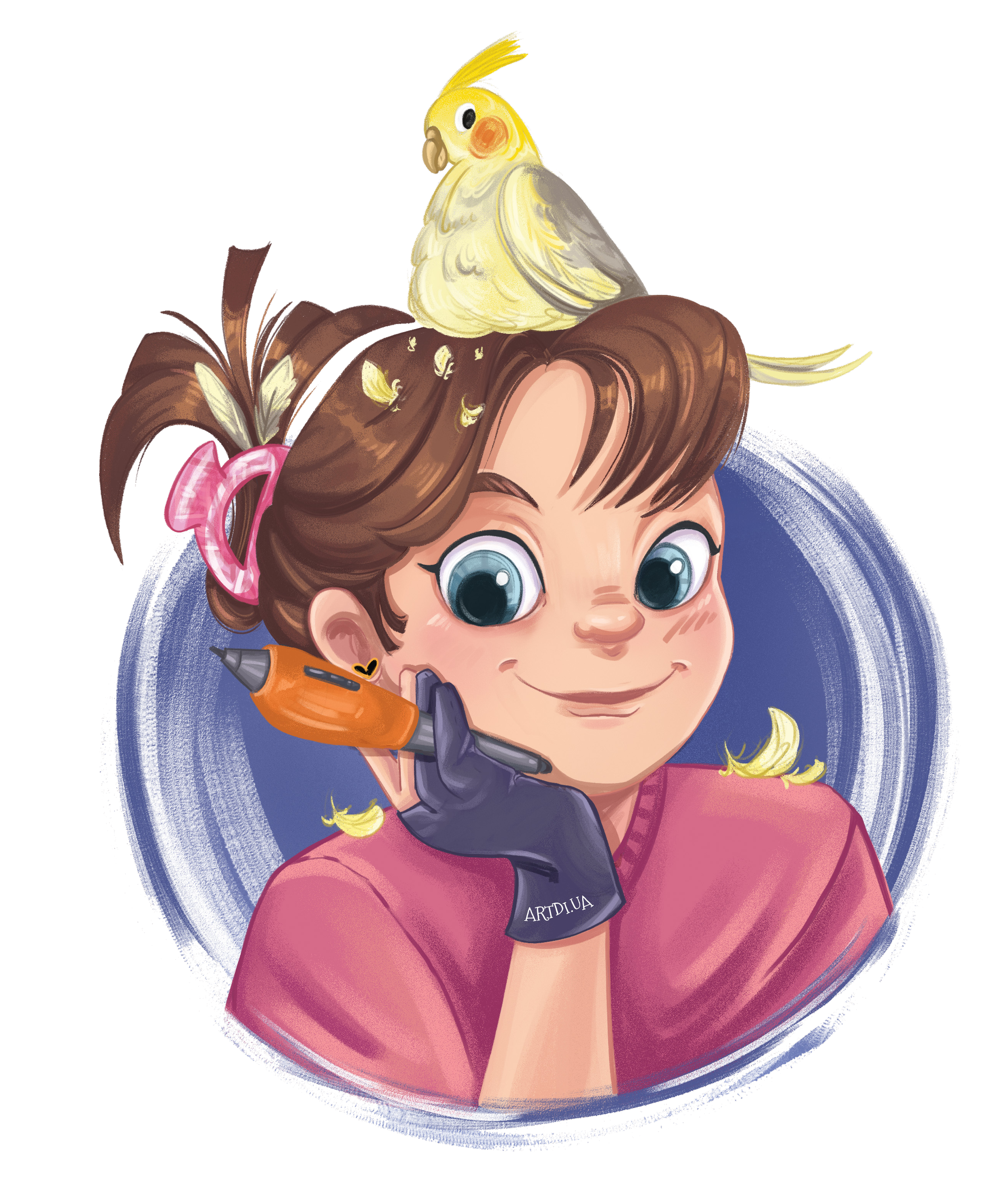Cartoon girl with brown hair, large blue eyes, and a pink hair tie, holding an orange marker with her cheek resting on her hand, wearing a pinkish top, with a yellow cockatiel perched on her head.