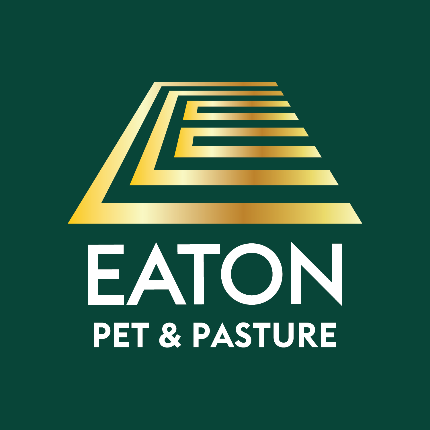 Eaton Pet & Pasture logo with stylized gold and green maze design and white text.