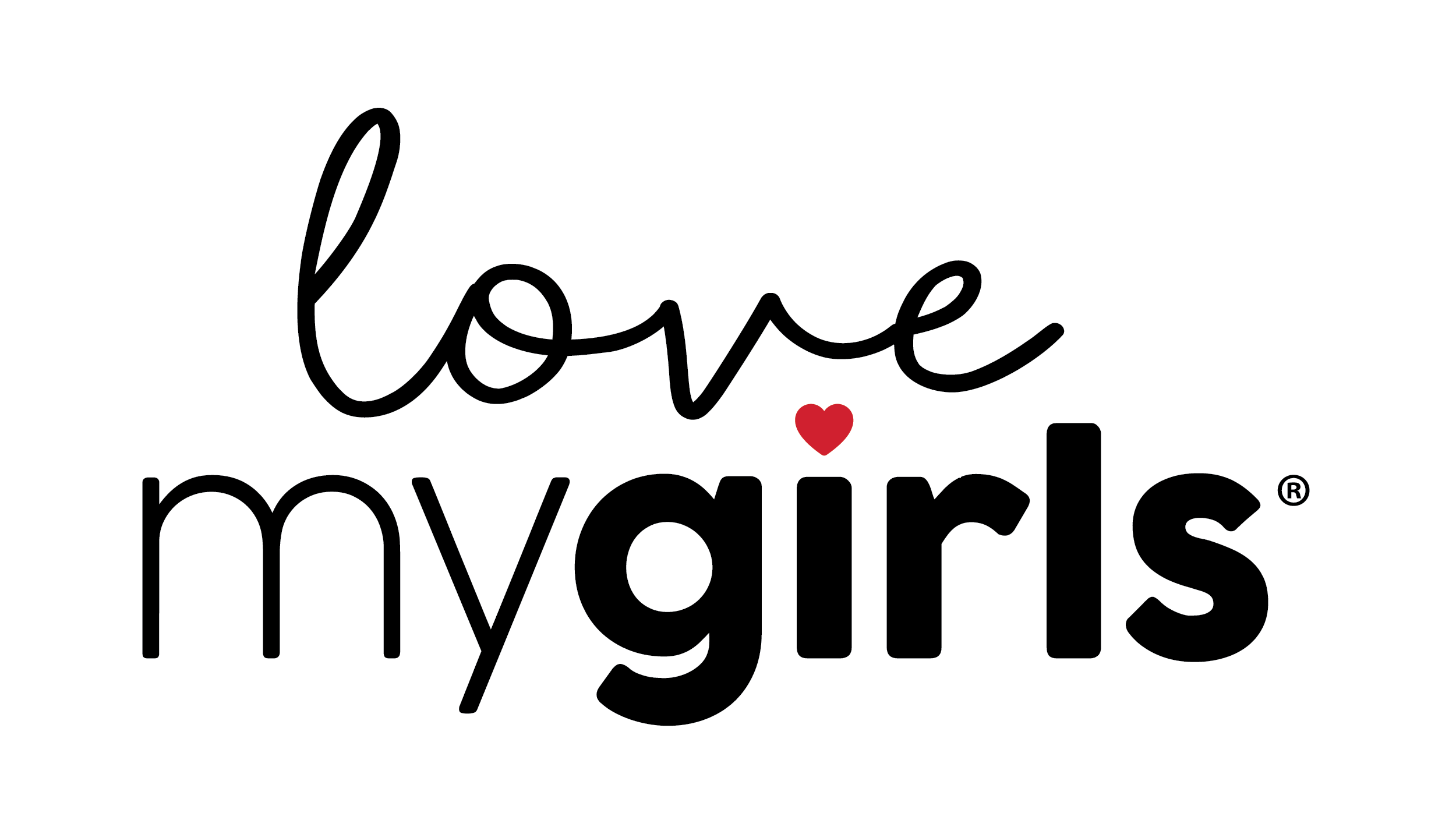 Text graphic with the words 'love my girls' written in cursive and bold font, with a small red heart above the 'i' in 'my', outlined with a white border.