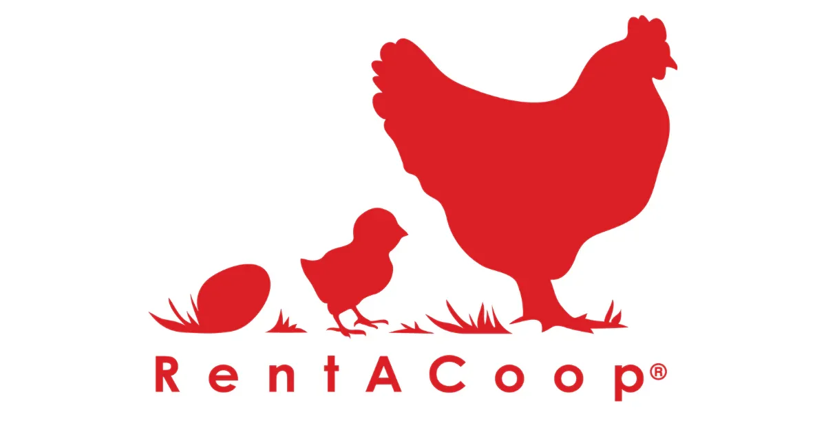 Silhouettes of a chicken and chick with an egg to the left, with the text 'RentACoop' below in red.