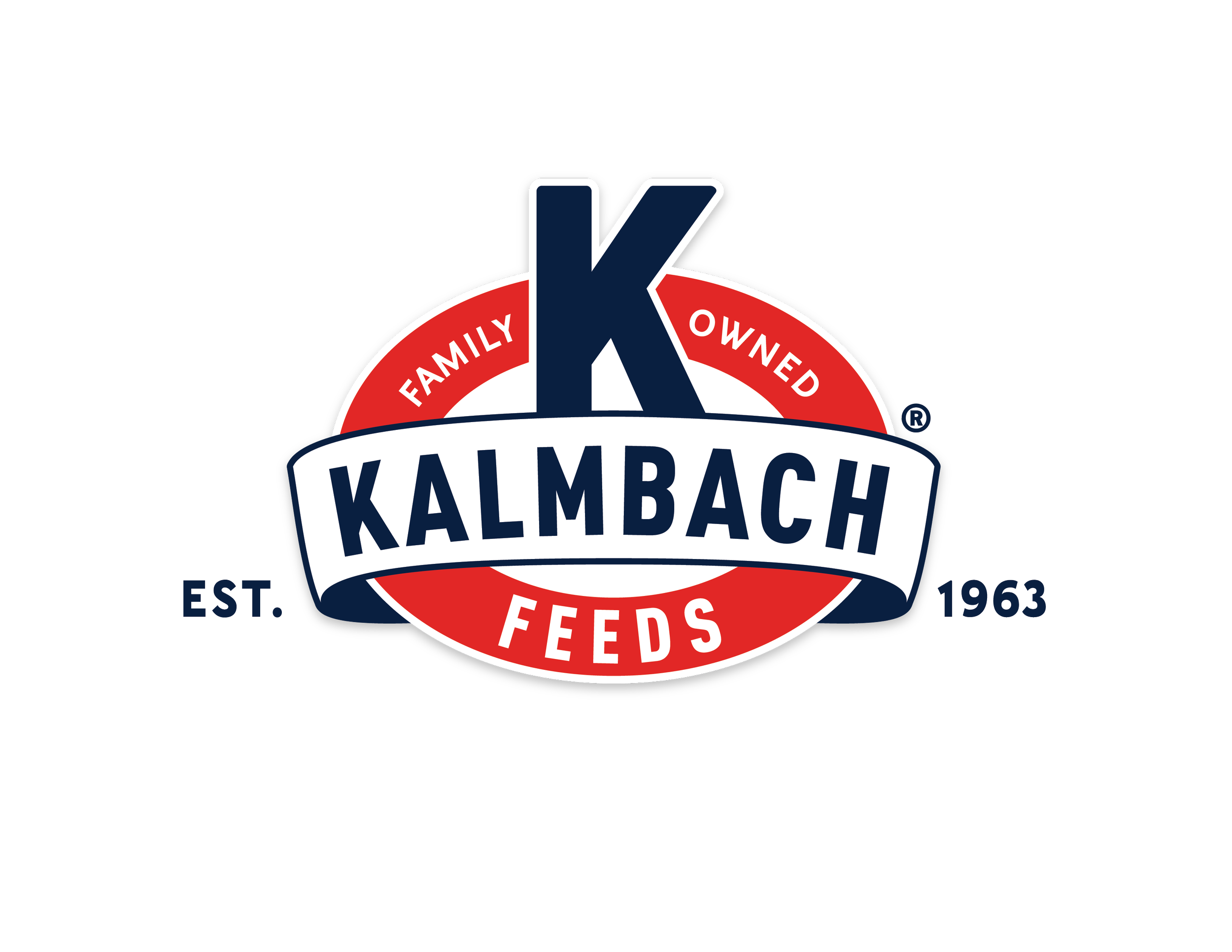 Kalmbach Feeds logo featuring a large blue 'K', with the words 'Family Owned', 'Est. 1963', and 'Feeds', on a red and white circular background.