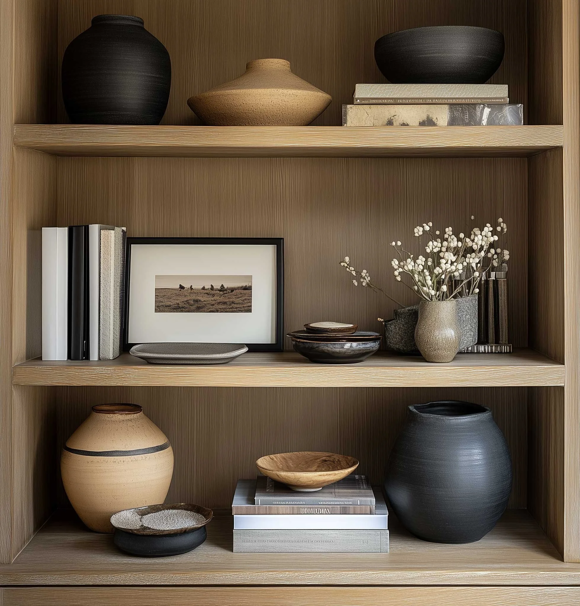 Decorative wooden shelf with vases, bowls, books, and framed photo, arranged in a minimalist style.