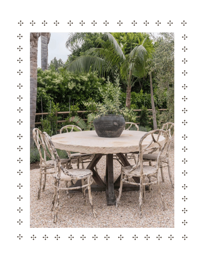 Outdoor patio with a round wooden table, six weathered chairs, a black planter with green plants, surrounded by lush greenery and palm trees.