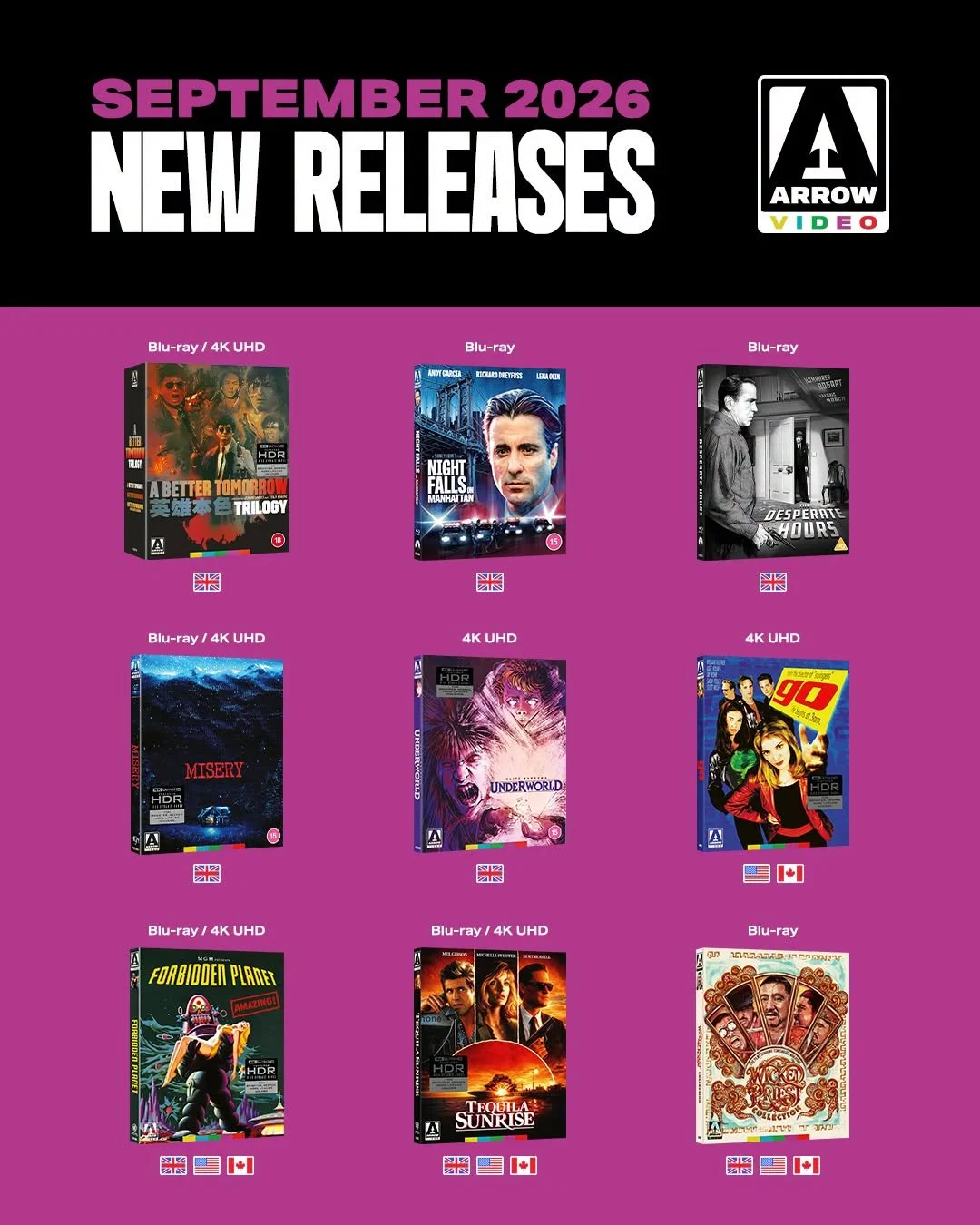 Arrow Video announces a massive September 2026 lineup with 9 collector-focused 4K Blu-ray releases packed with new extras.