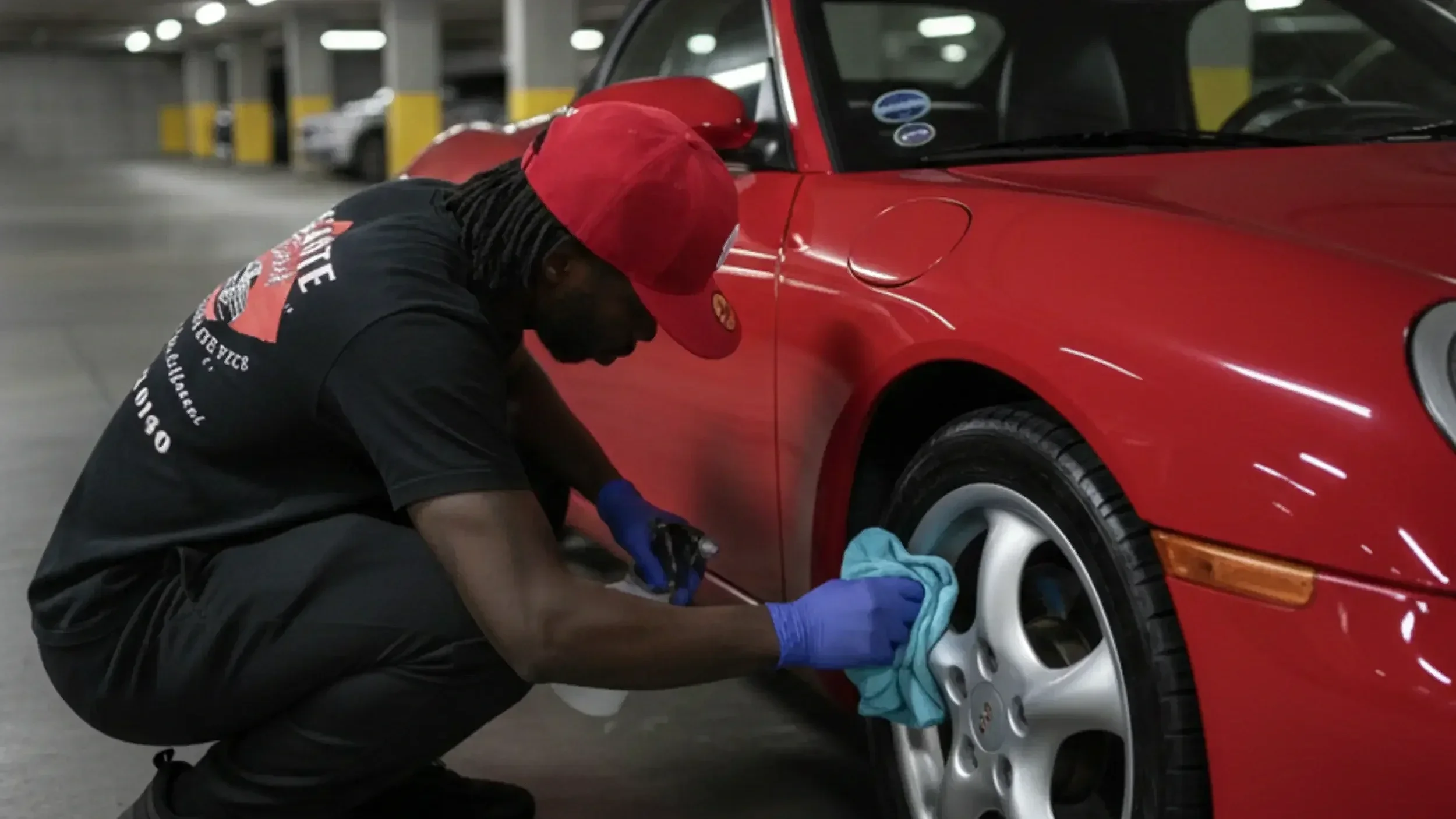 A man in a black outfit and red cap cleaning and polishing a red sports car in an underground parking garage.