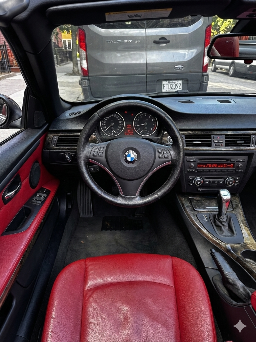 Interior of a BMW car showing the steering wheel, dashboard with instrument cluster, center console with gear shifter, red leather seat, and driver's side door with controls.