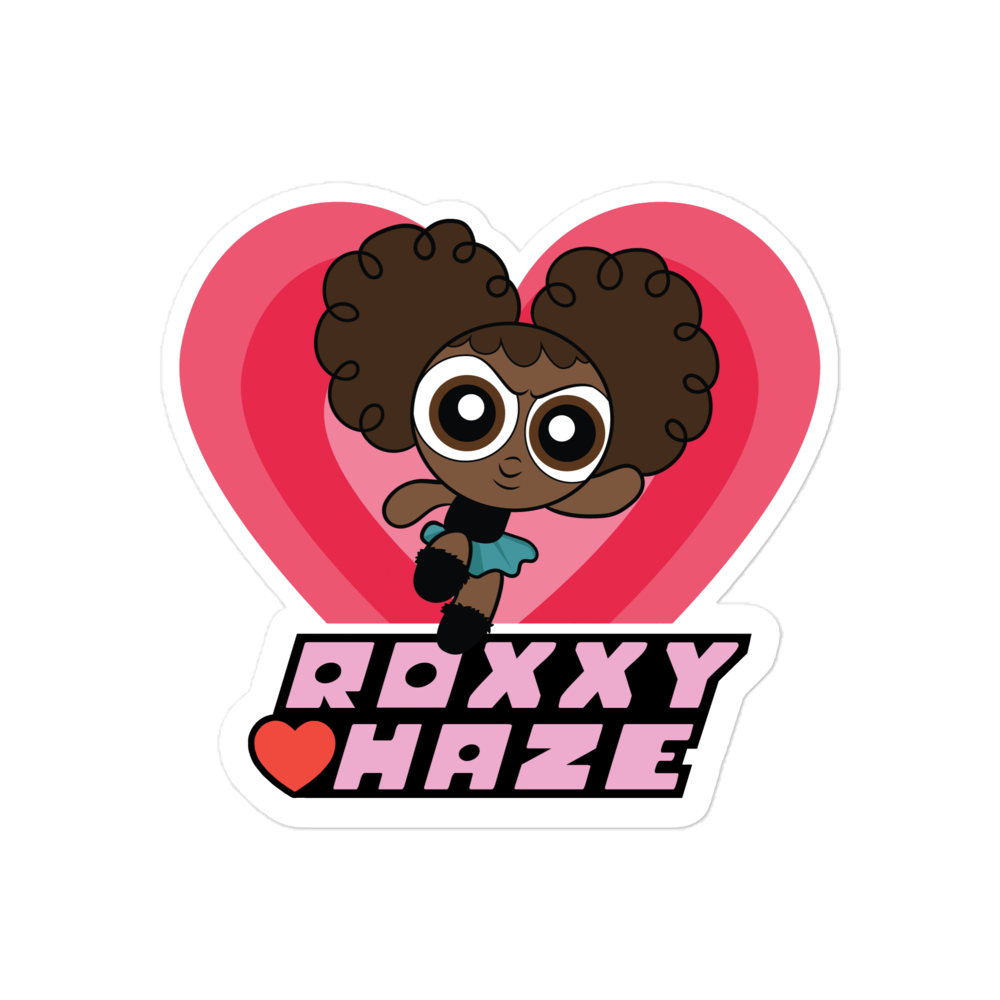 Sticker featuring a cartoon girl with large eyes, curly hair in puffs, wearing a blue skirt and black shoes, in front of a pink heart background, with the text 'ROXXY HAZE' and a red heart.