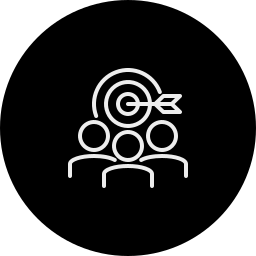 Outline of four people facing a target with an arrow hitting the bullseye, representing teamwork and goal achievement.