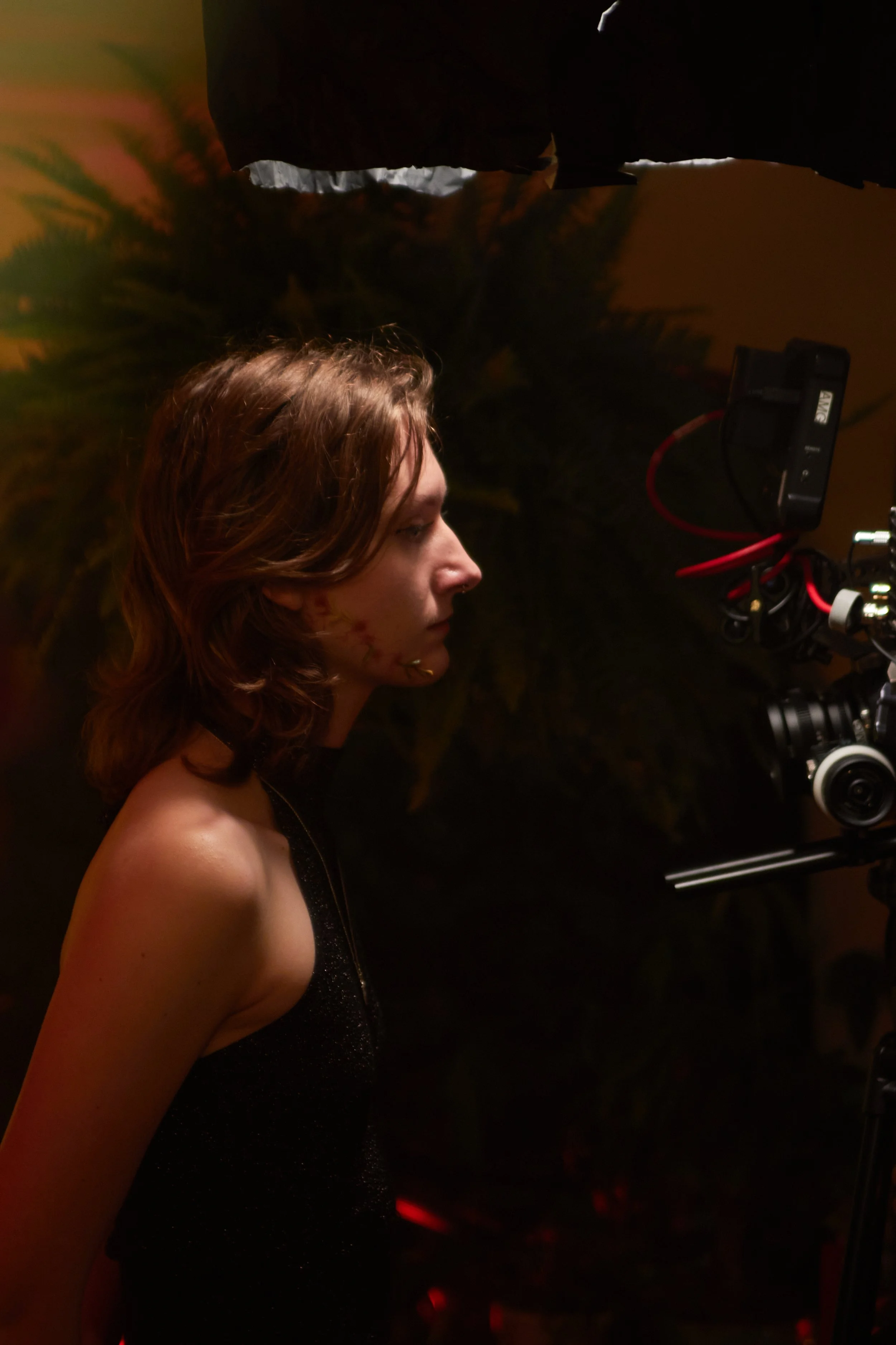 A woman with shoulder-length brown hair operating a professional video camera in a dimly lit environment with palm tree silhouettes in the background.