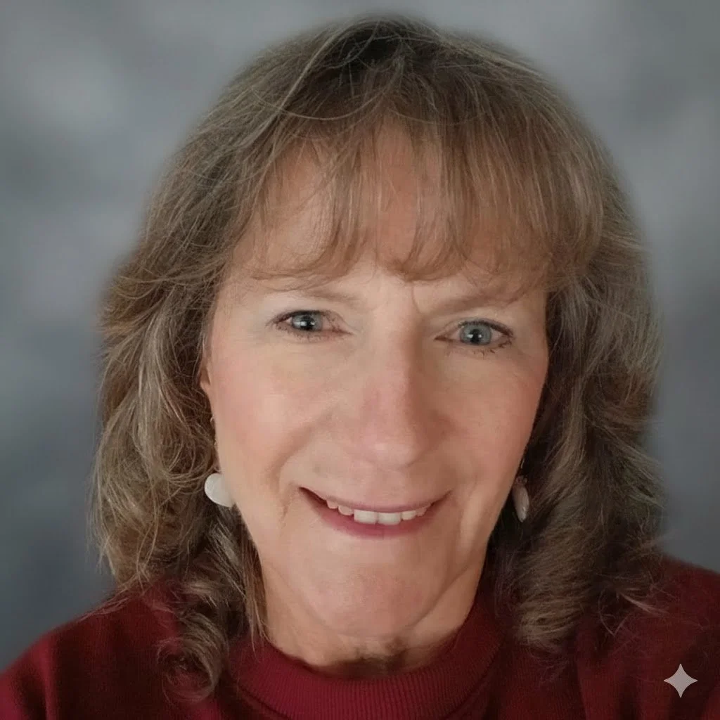 A woman with shoulder-length light brown hair, wearing a red top and white earrings, smiling against a blurred blue-gray background.