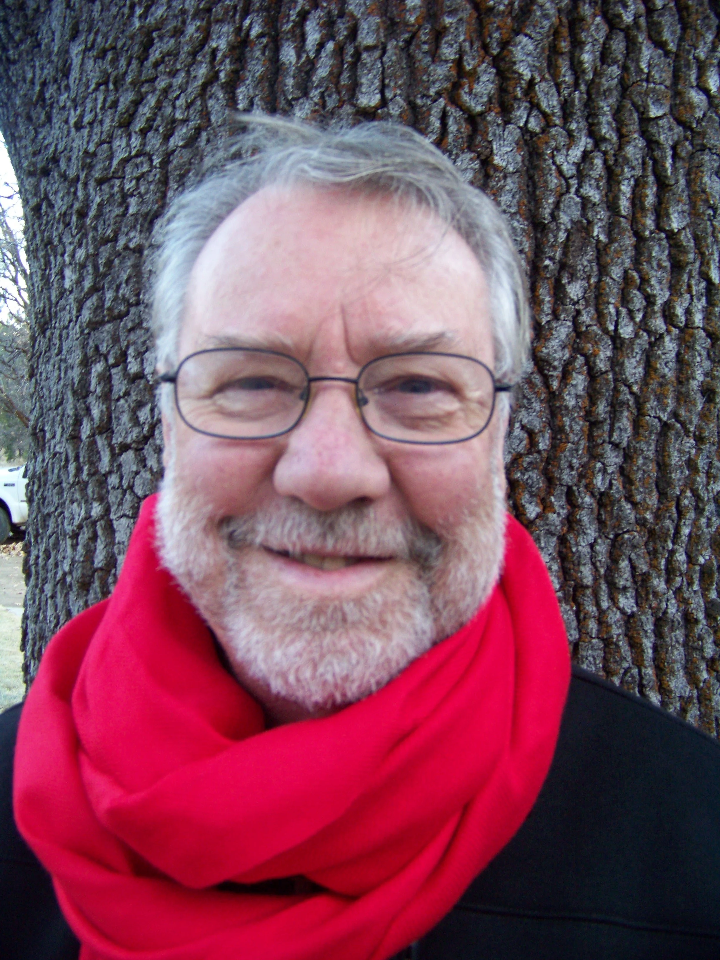 An older man with gray hair, glasses, and a beard, wearing a dark suit and a white shirt, with a red scarf tied around his neck, standing against a plain gray background.