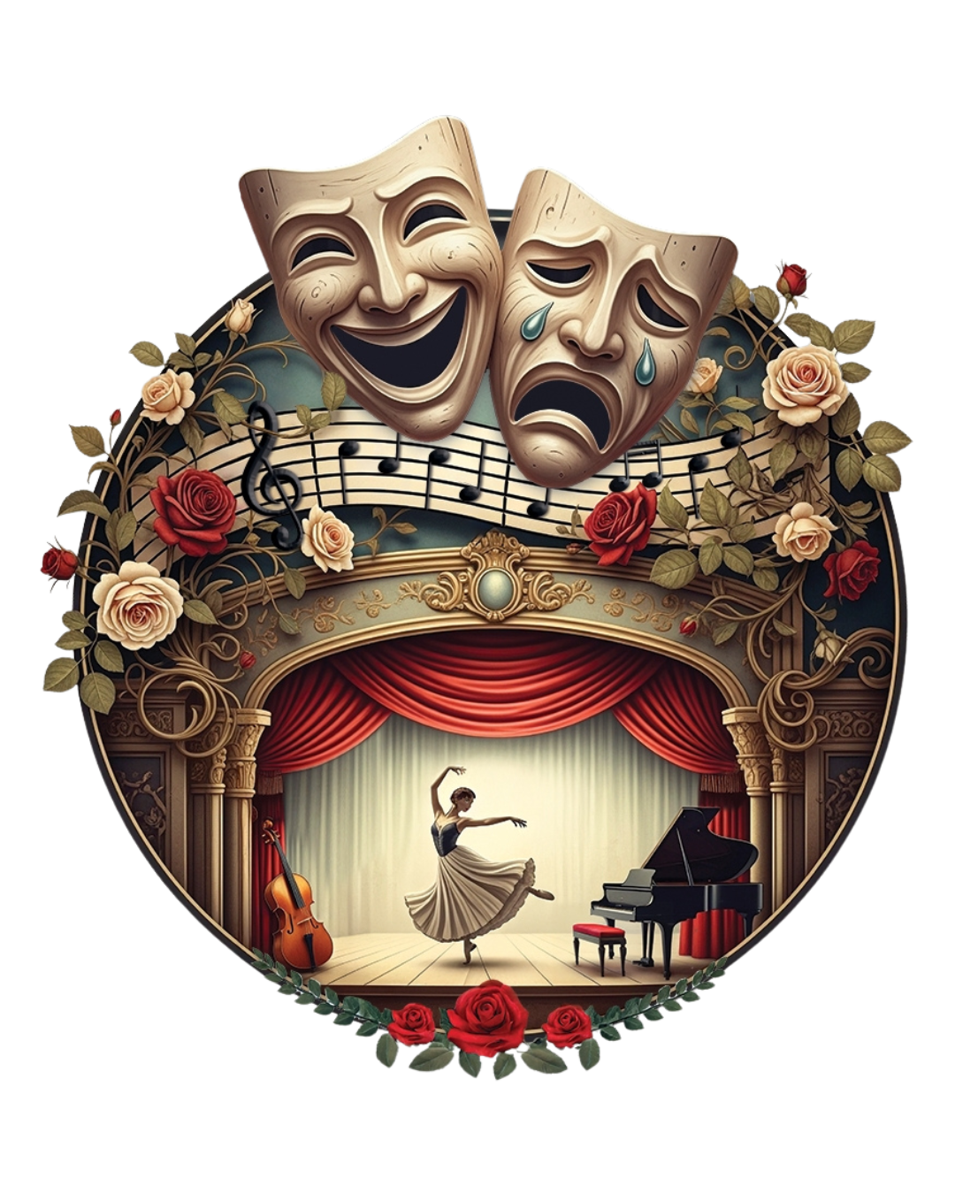 The image features theater masks, one happy and one sad, above a vintage stage with ornate decorations, roses, and musical notes. There is a ballerina dancing on stage with a piano and violin nearby, all framed within a heart-shaped border.