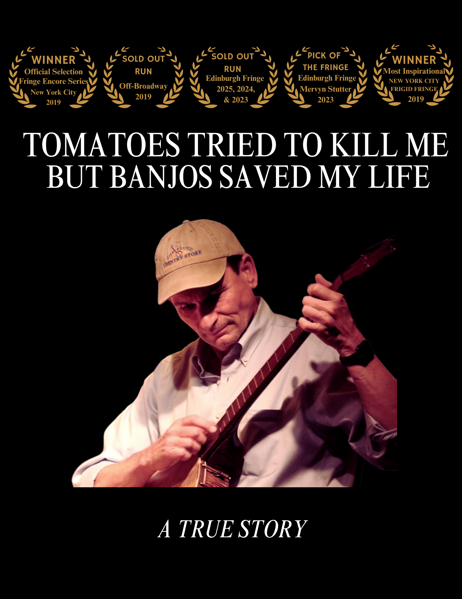 Book cover titled "Tomatoes Tried to Kill Me But Banjos Saved My Life: A True Story" featuring a man playing a banjo, with awards and recognitions at the top.