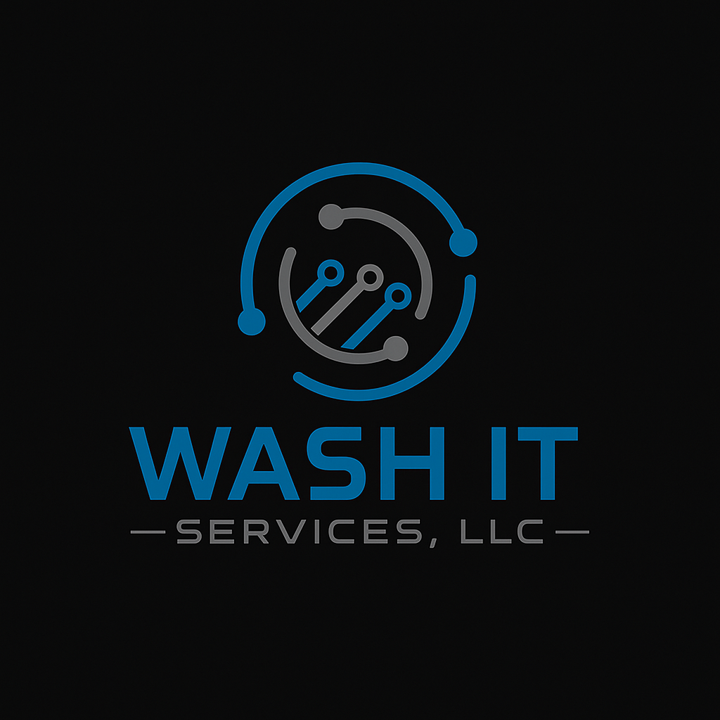 A logo for Wash It Services LLC featuring a stylized washing machine or industrial washer icon in blue and gray on a black background.