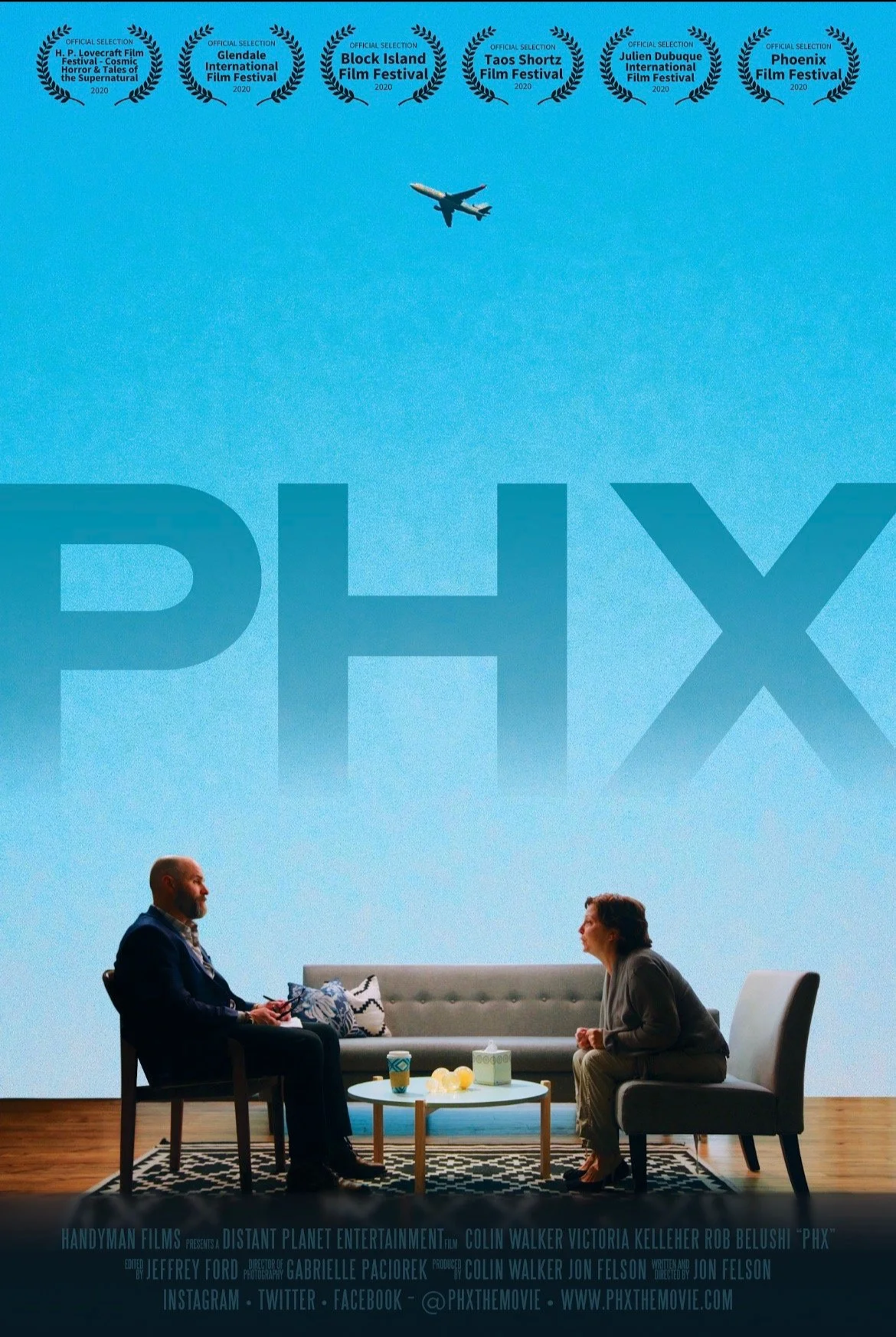 A movie poster for 'PHX' featuring a large blue background with an airplane flying overhead, two people sitting on couches facing each other in a living room setting, and scenes of film festival awards at the top.