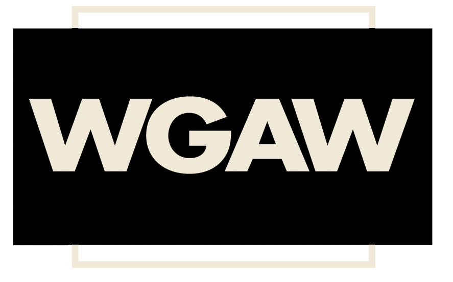 Black background with large beige text 'WGAW' in the center.