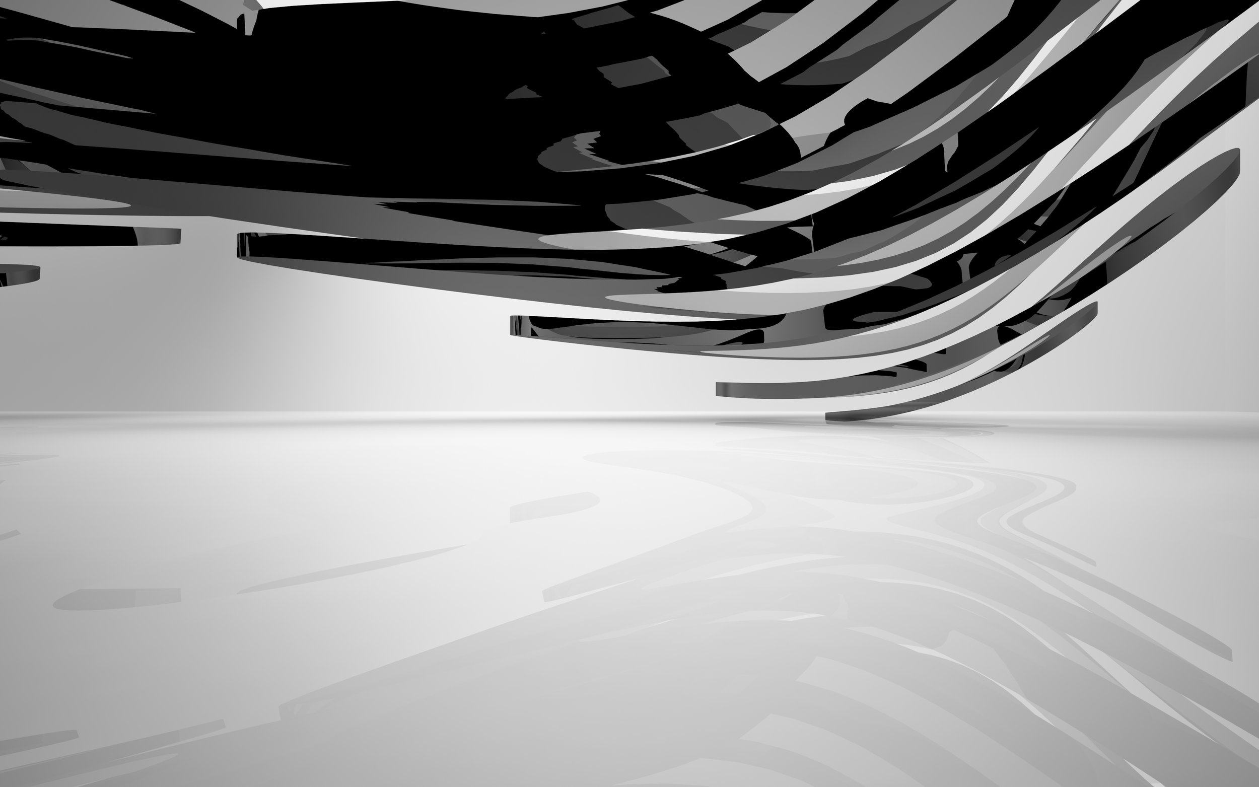 Abstract black and metallic curved structure on a reflective white surface with gray background.