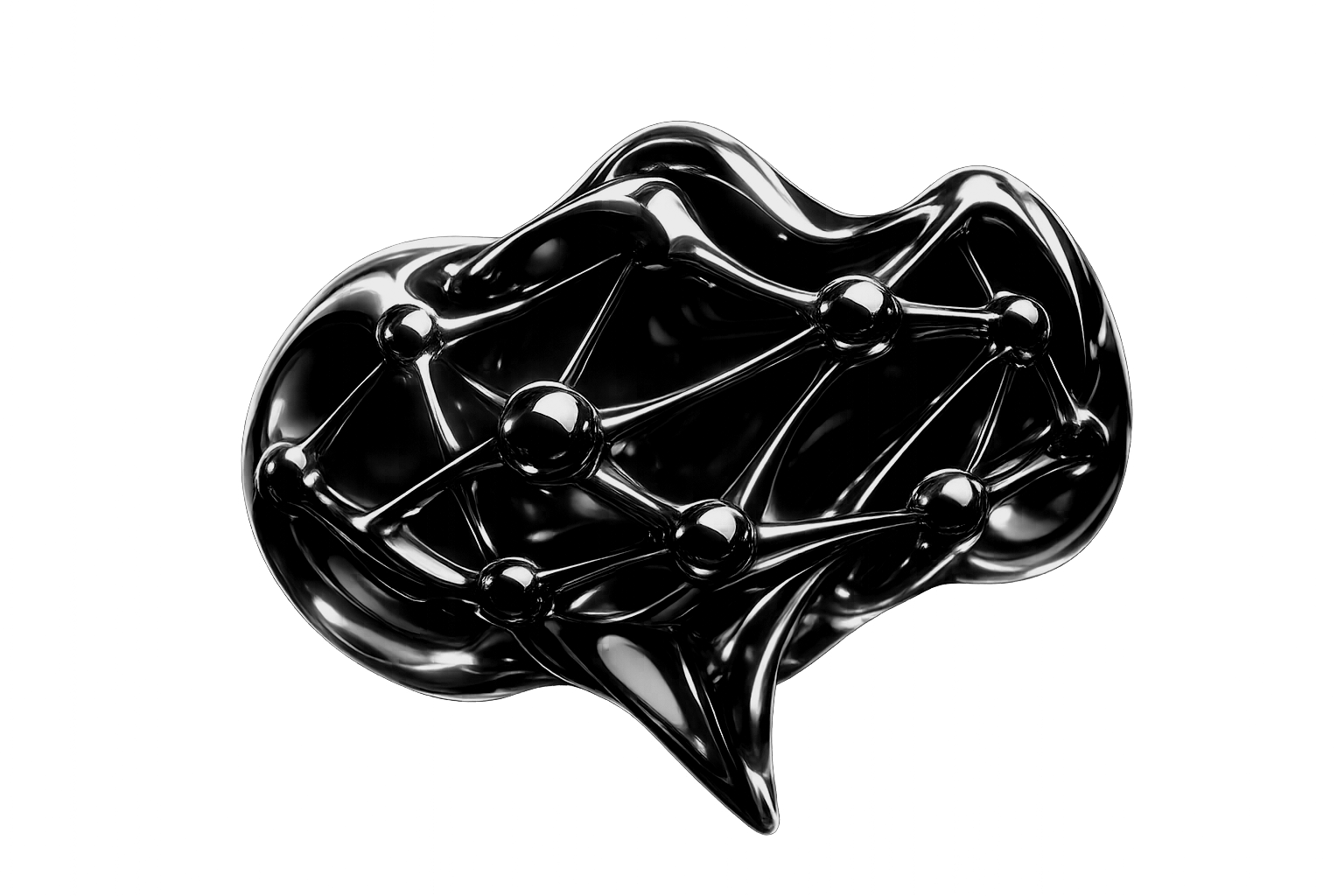 A metallic, glossy representation of a neural network or molecular structure with interconnected spheres and lines on a black background.
