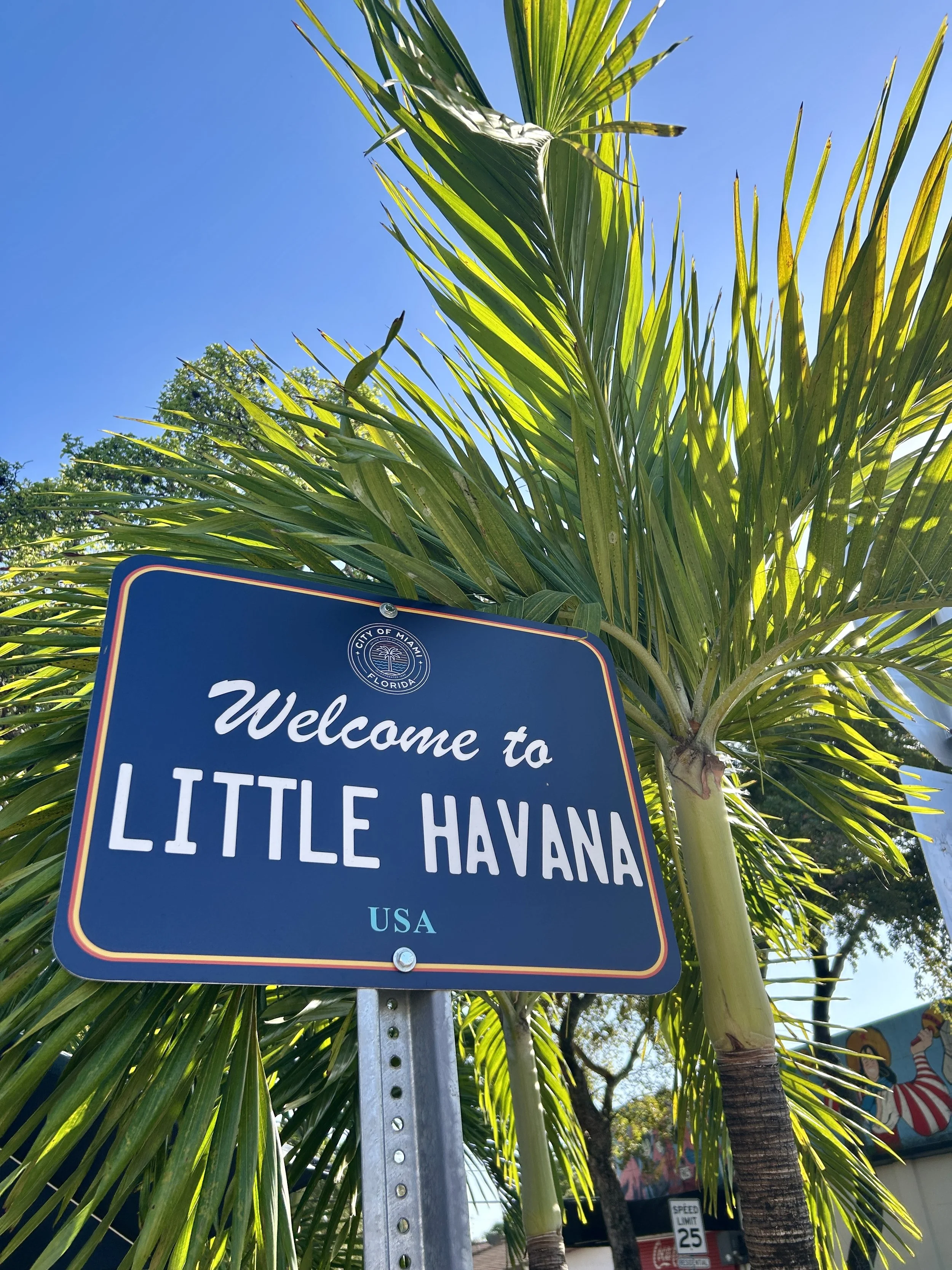 Welcome to Little Havana sign with palm trees and blue sky in the background.