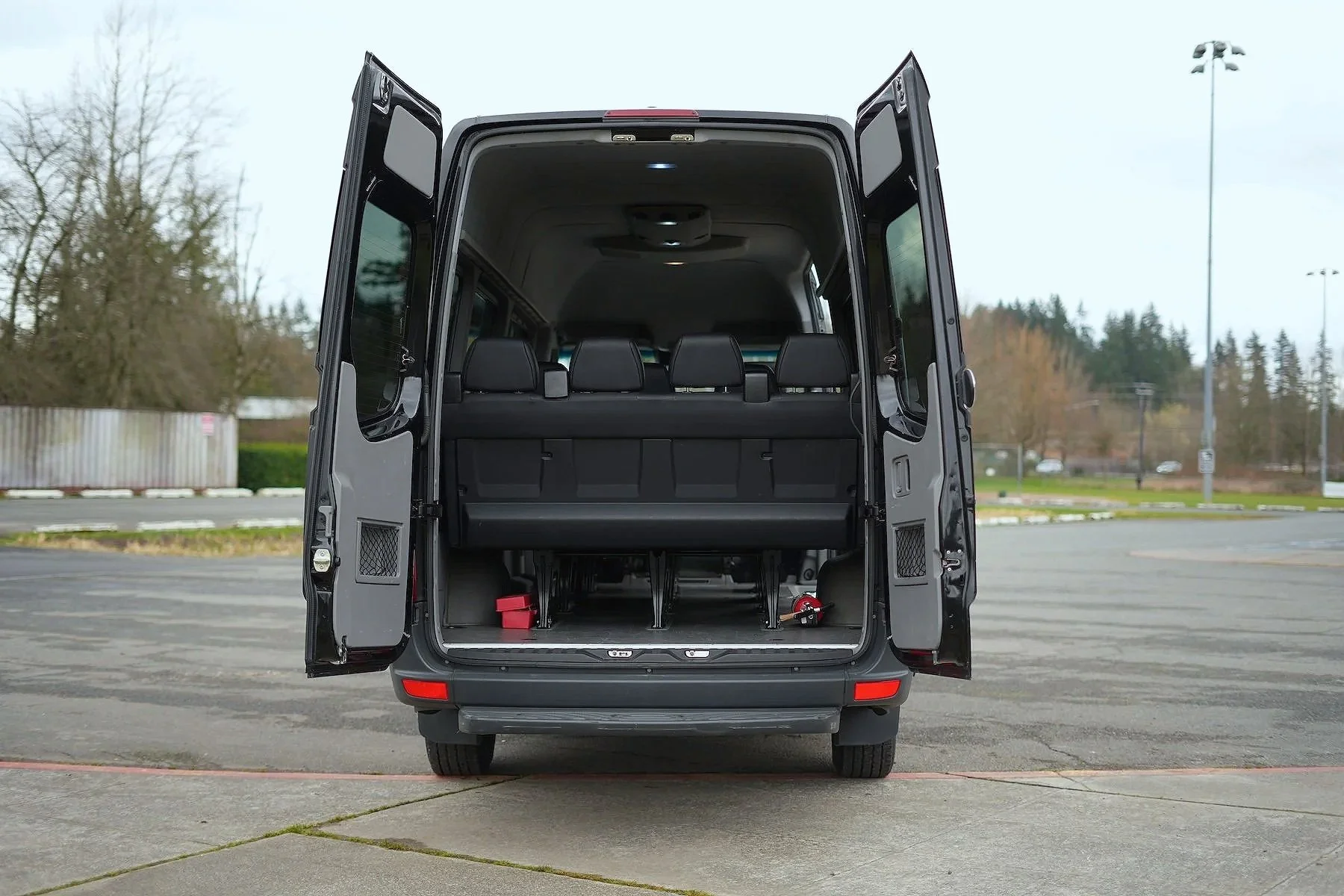 Mercedes sprinter back exterior view, trunk doors open