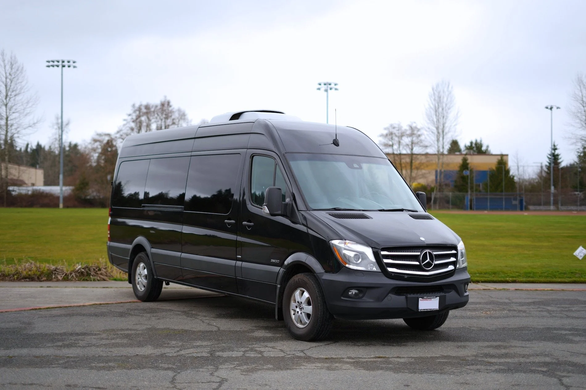 Black Mercedes-Benz cargo van parked on a paved lot near grass, with a sports field, trees, and light poles in the background.