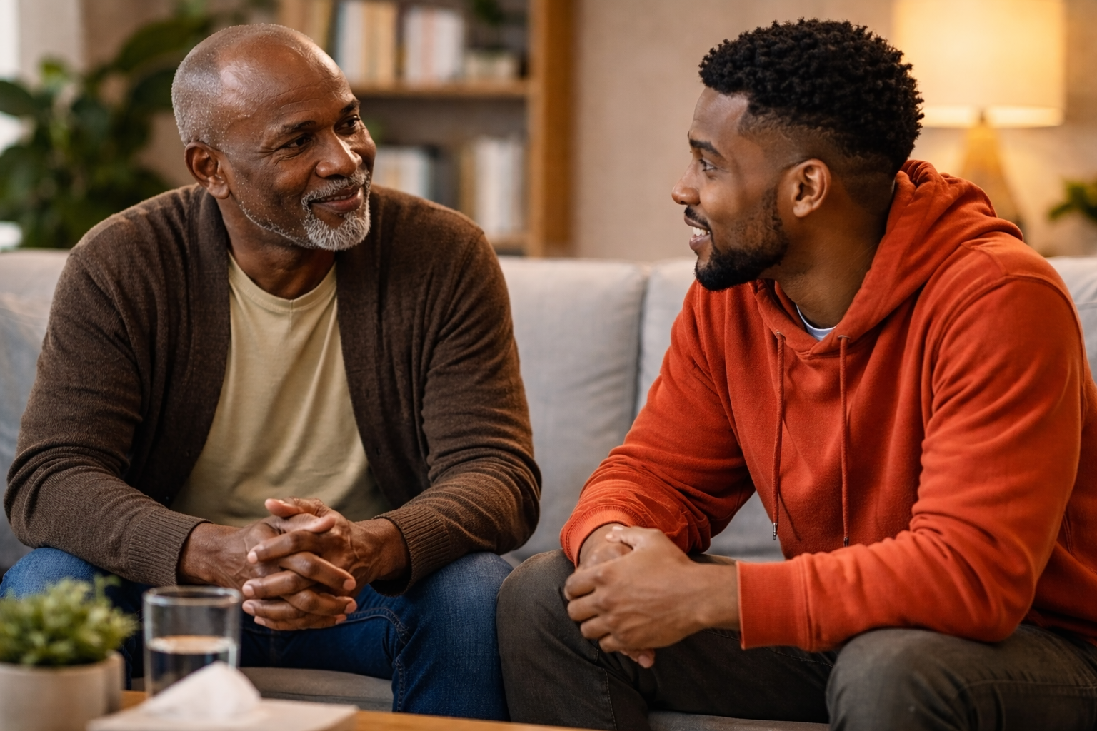 Men discussing mental health and hereditary amyloidosis 