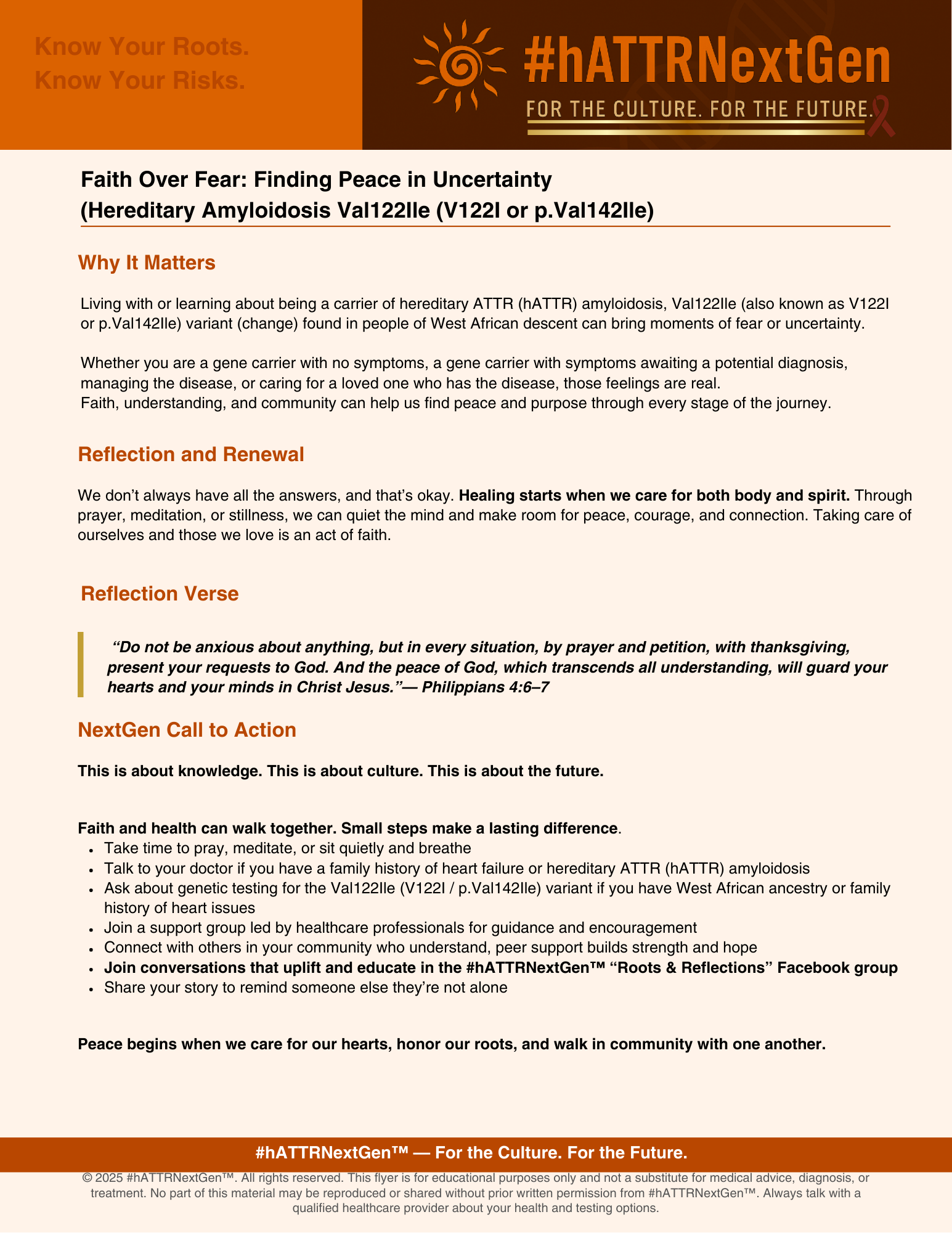 Flyer with orange and brown theme promoting awareness about hereditary ATTR amyloidosis, including information on finding peace in uncertainty, reflection, and future actions. It features slogans, a quote from Philippians 4:6-7, and a call to action encouraging community engagement and health.