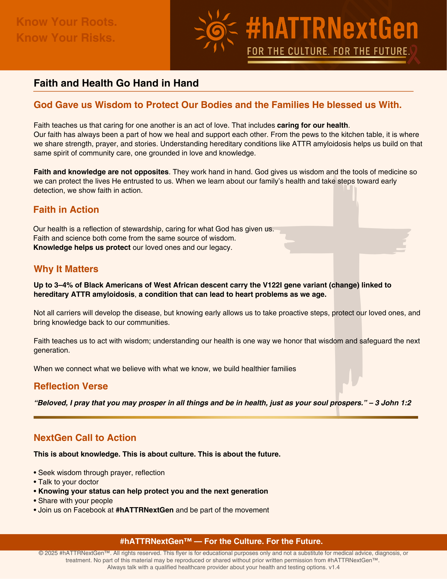 Flyer with an orange and brown theme discussing faith and health, emphasizing the importance of knowledge, wisdom, and community in health. Features a large cross graphic and a biblical quote about health and prosperity.