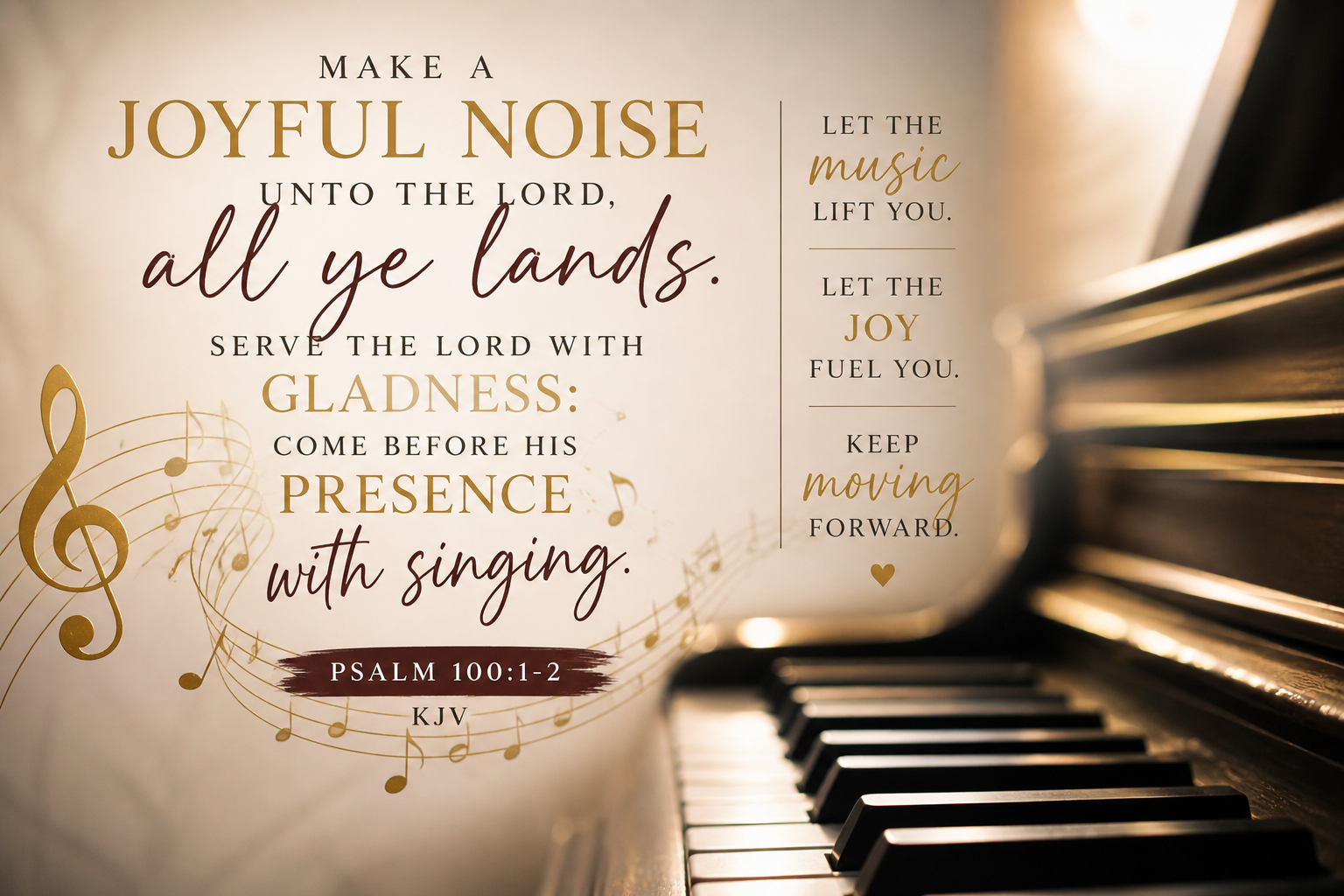 A piano with a religious quote about joy and singing from Psalms 100:1-2 overlaid, decorated with musical notes and a heart symbol.