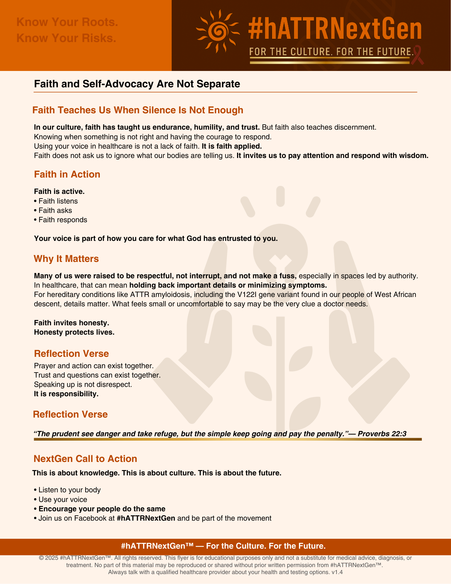 Flyer for #hATTRNextGen campaign with tips on faith, advocacy, and culture. Features heading, multicolored text, icons, and a ribbon logo in the corner.