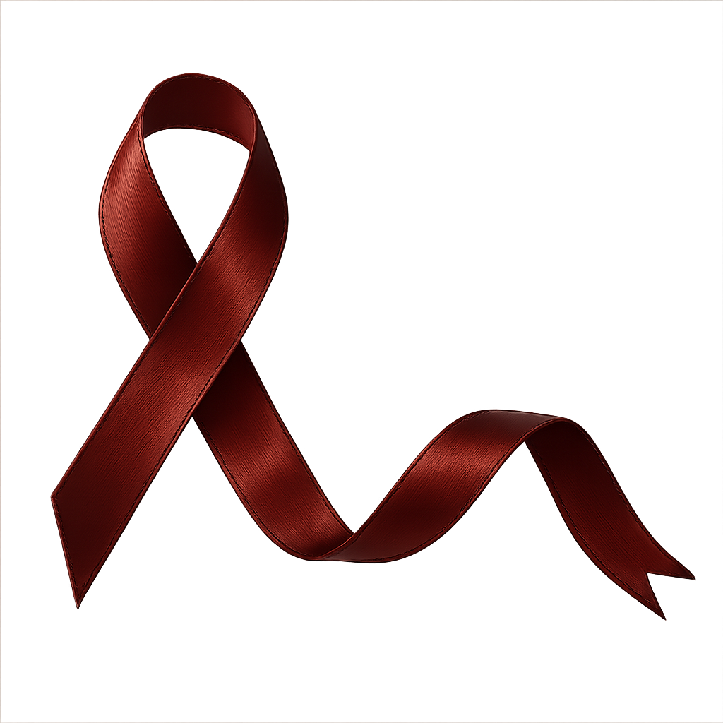 Red awareness ribbon on a black background.