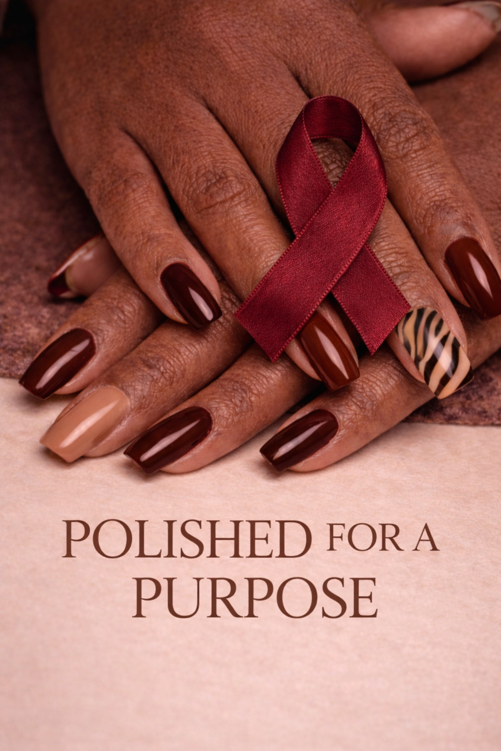 Close-up of hands with manicured nails, one with a zebra print, a red ribbon in a loop, and the text 'Polished for a Purpose' at the bottom.
