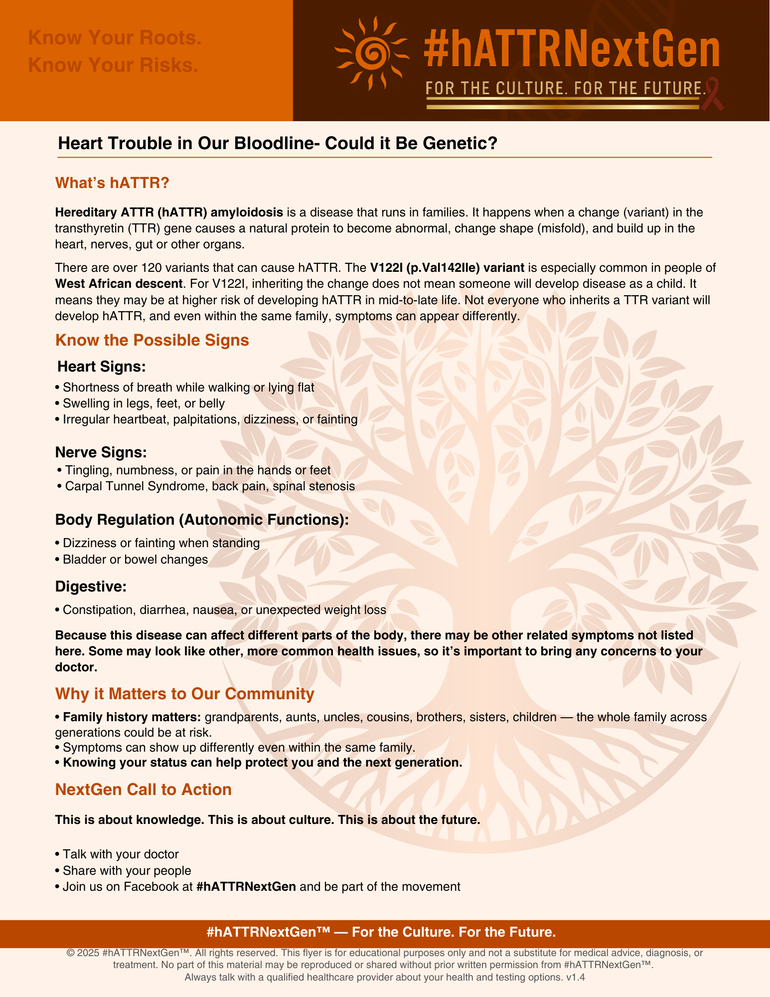 Educational flyer discussing hereditary ATTR amyloidosis, its symptoms, genetic aspects, importance of family health history, and actions to promote awareness within the community.