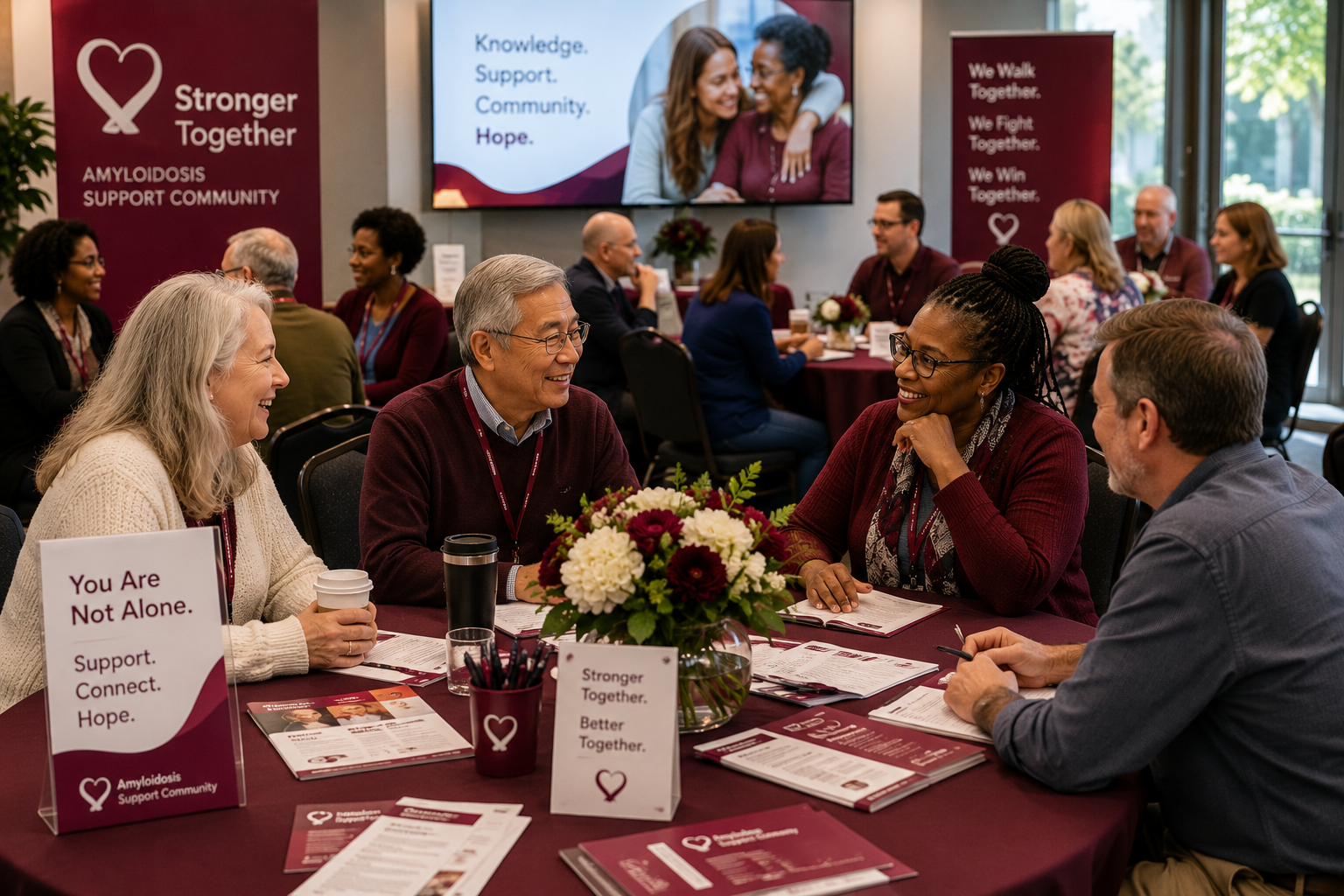 People sitting around tables and talking at an amyloid support community event with banners that read 'Stronger Together' and 'You Are Not Alone.'