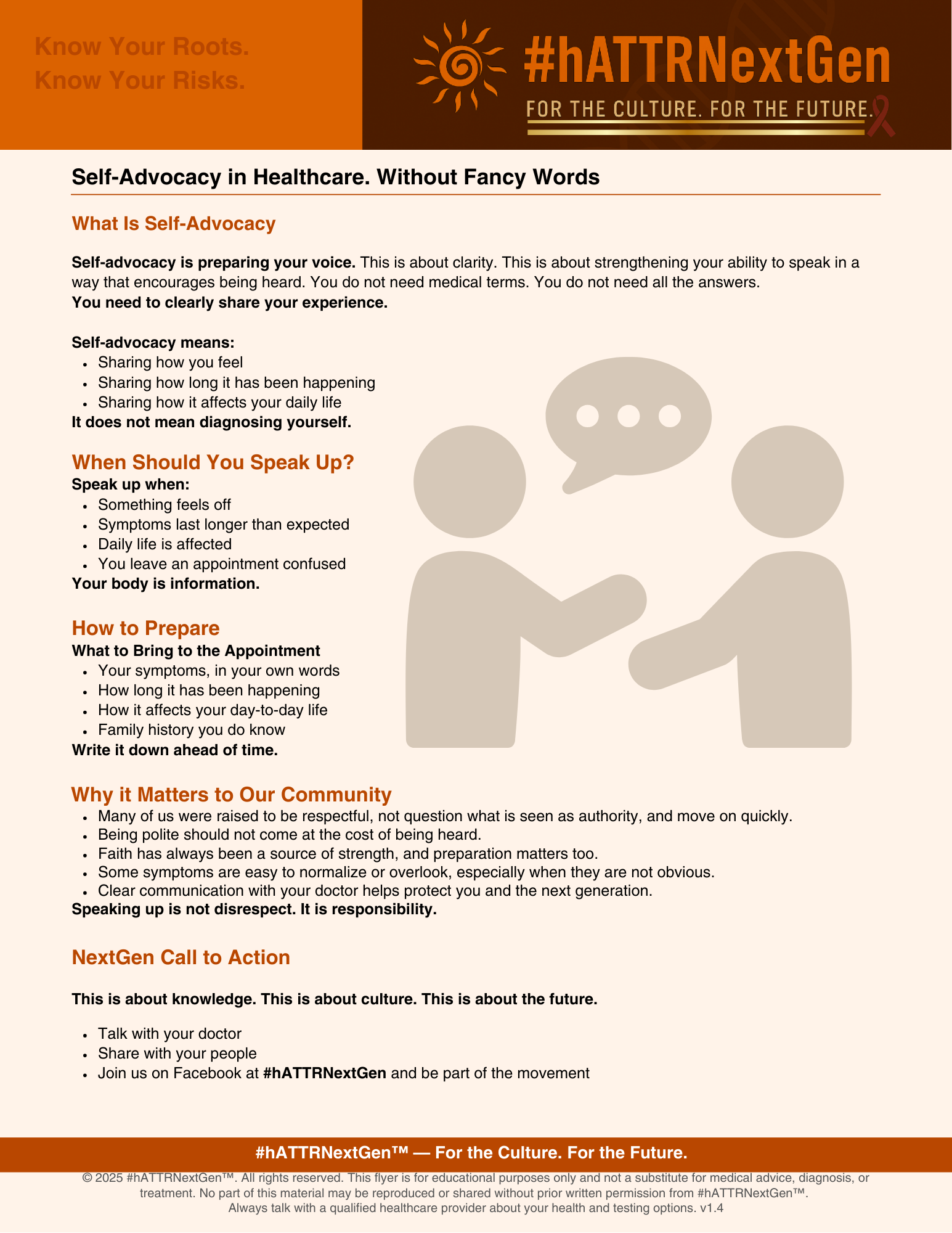 A flyer about self-advocacy in healthcare, featuring a graphic of two simplified silhouetted figures shaking hands, with one figure holding a speech bubble. The flyer includes advice on when and how to speak up about health concerns, why to advocate, and encourages community action with health professionals and online sharing.