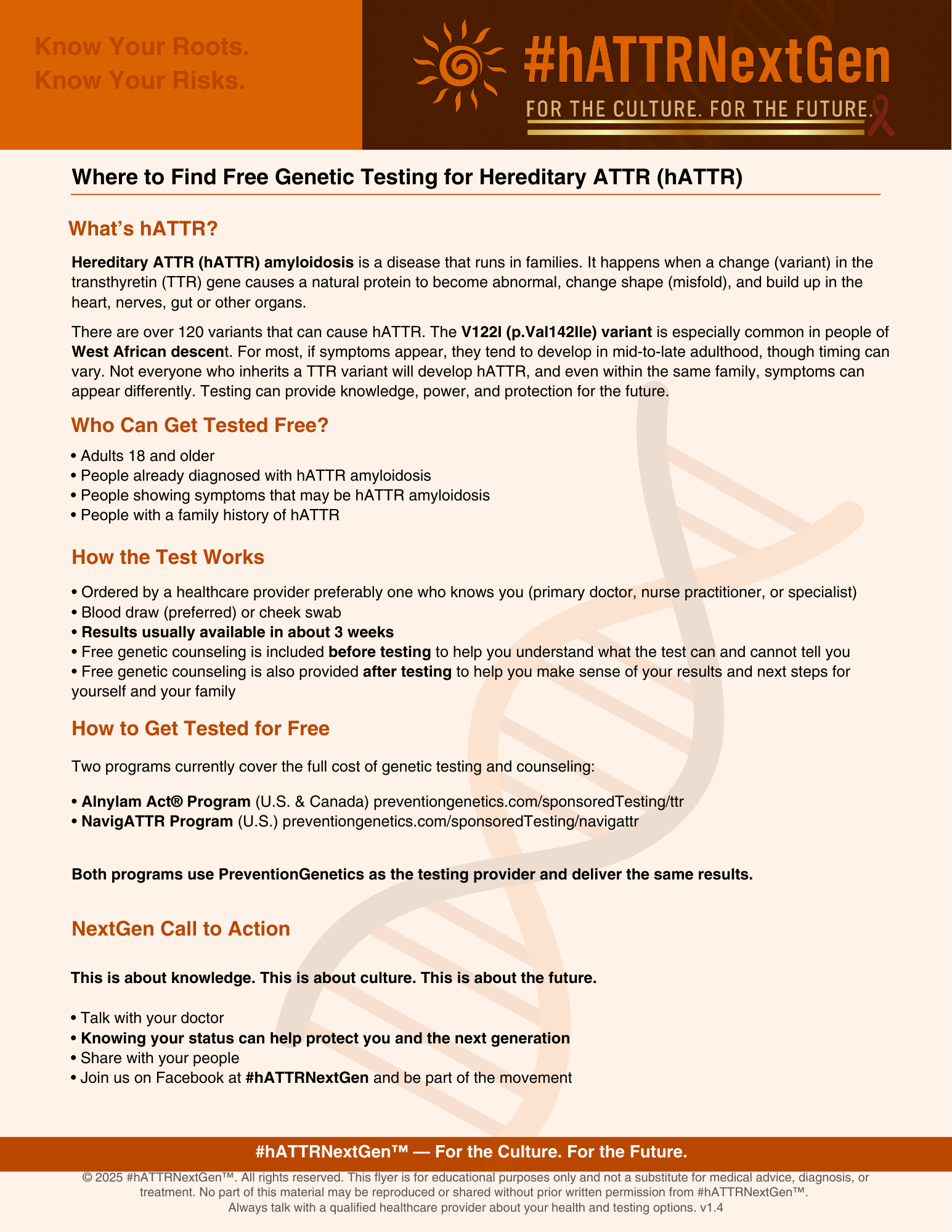 Educational flyer about free genetic testing for hereditary ATTR (hATTR) amyloidosis, explaining the condition, eligibility, testing process, and how to access free testing through specific programs, with a DNA helix and a ribbon symbol.